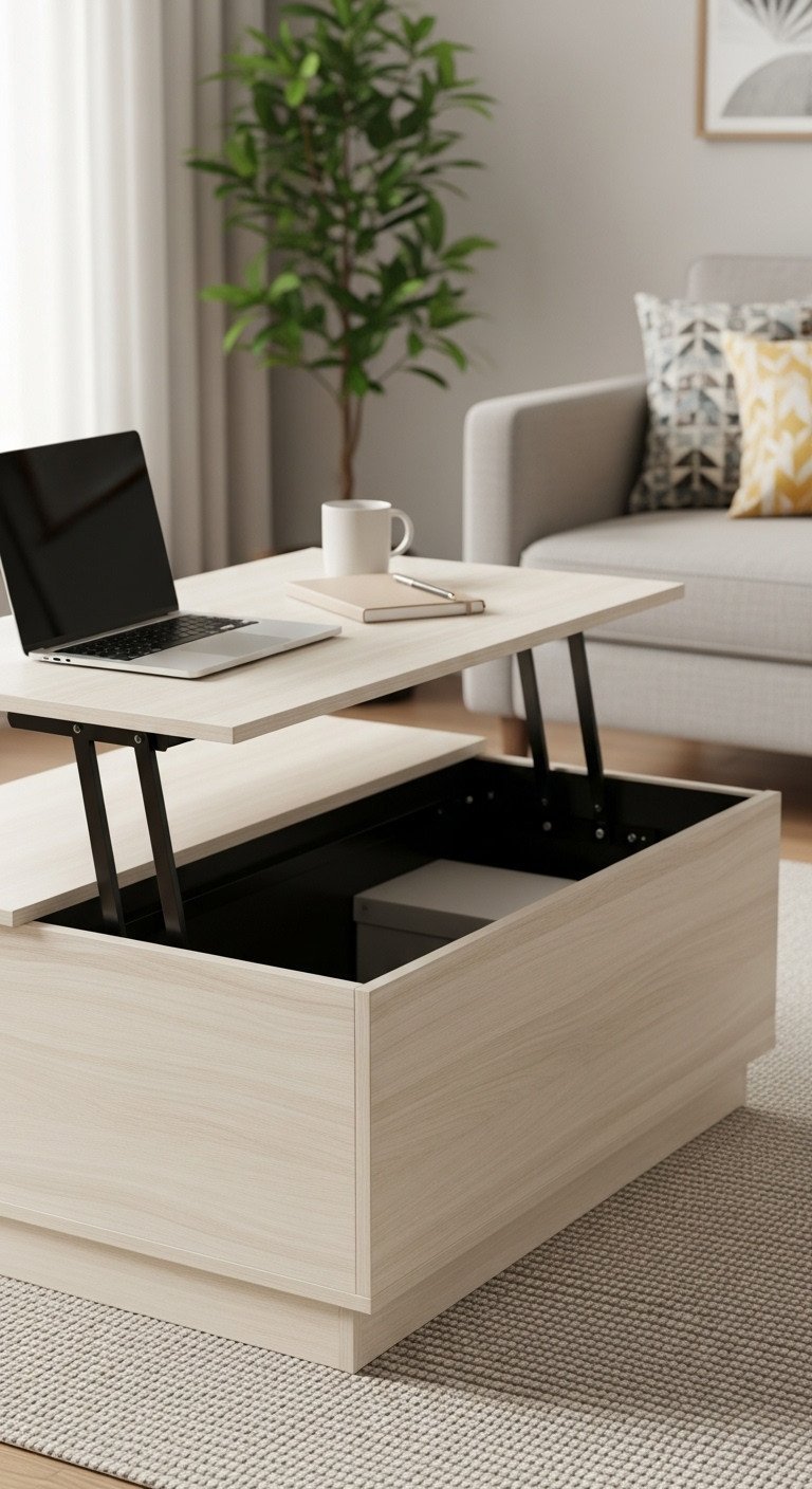Compact lift-top coffee table with extended top and internal storage, ideal for small space solutions in a modern living room.