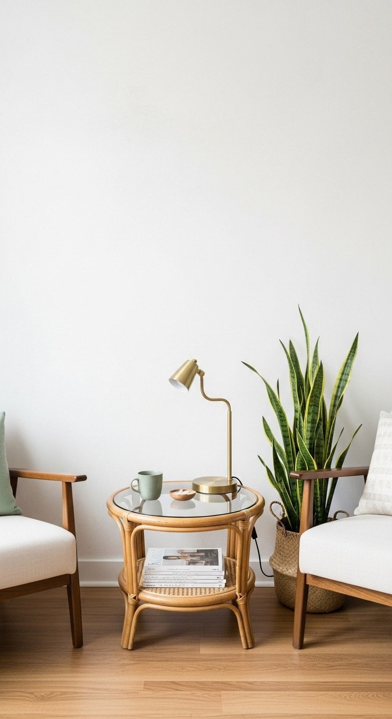 Compact rattan coffee table with glass top between armchairs in minimalist living room with wooden floor, brass lamp.