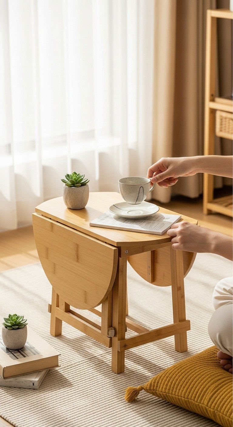 Compact round folding Japanese tea table, natural wood, with teacup, book, succulent. Space-saving for small apartments.