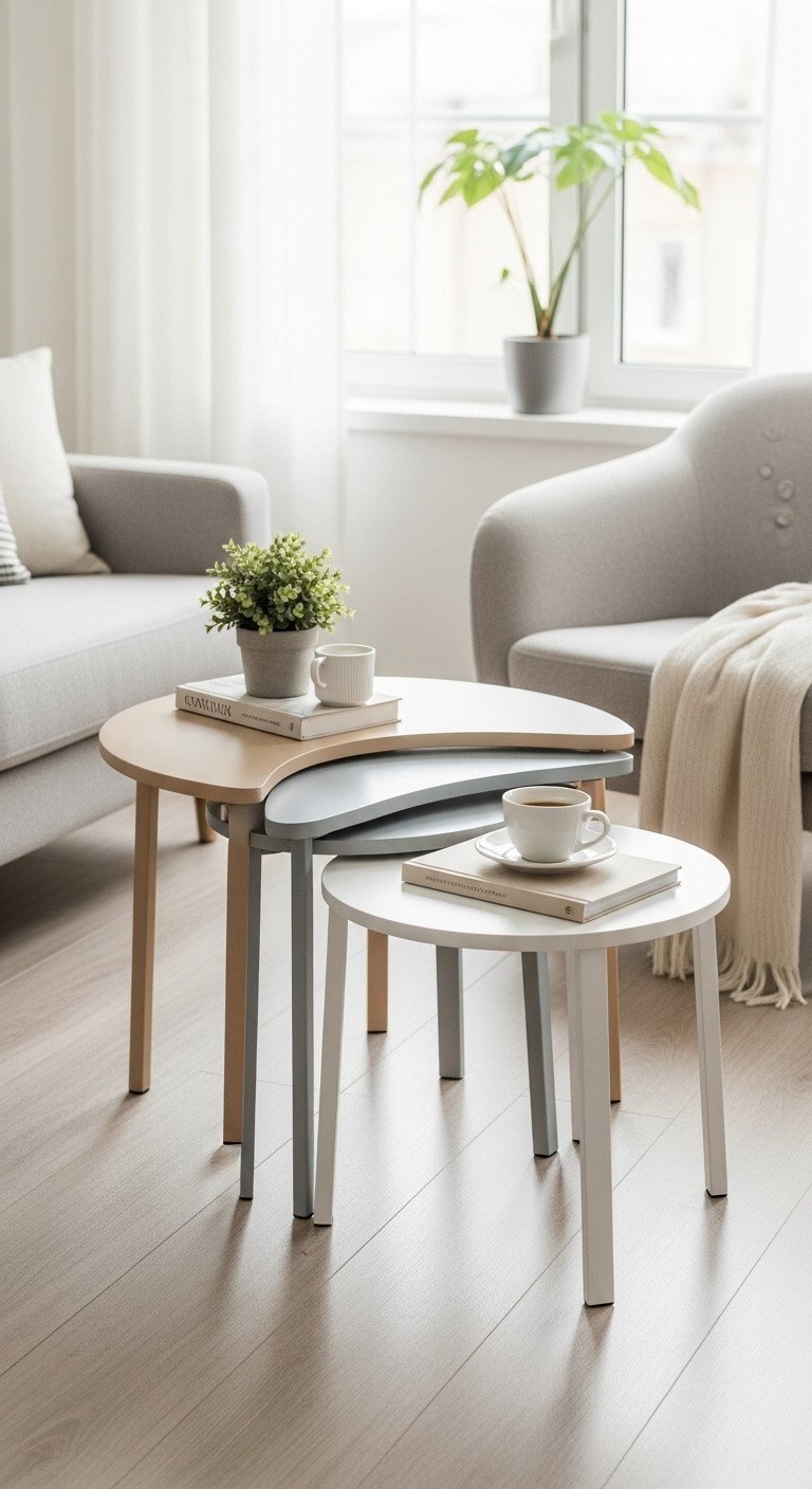 Compact small apartment living room with three round nesting coffee tables in muted tones, offering flexible space solutions.