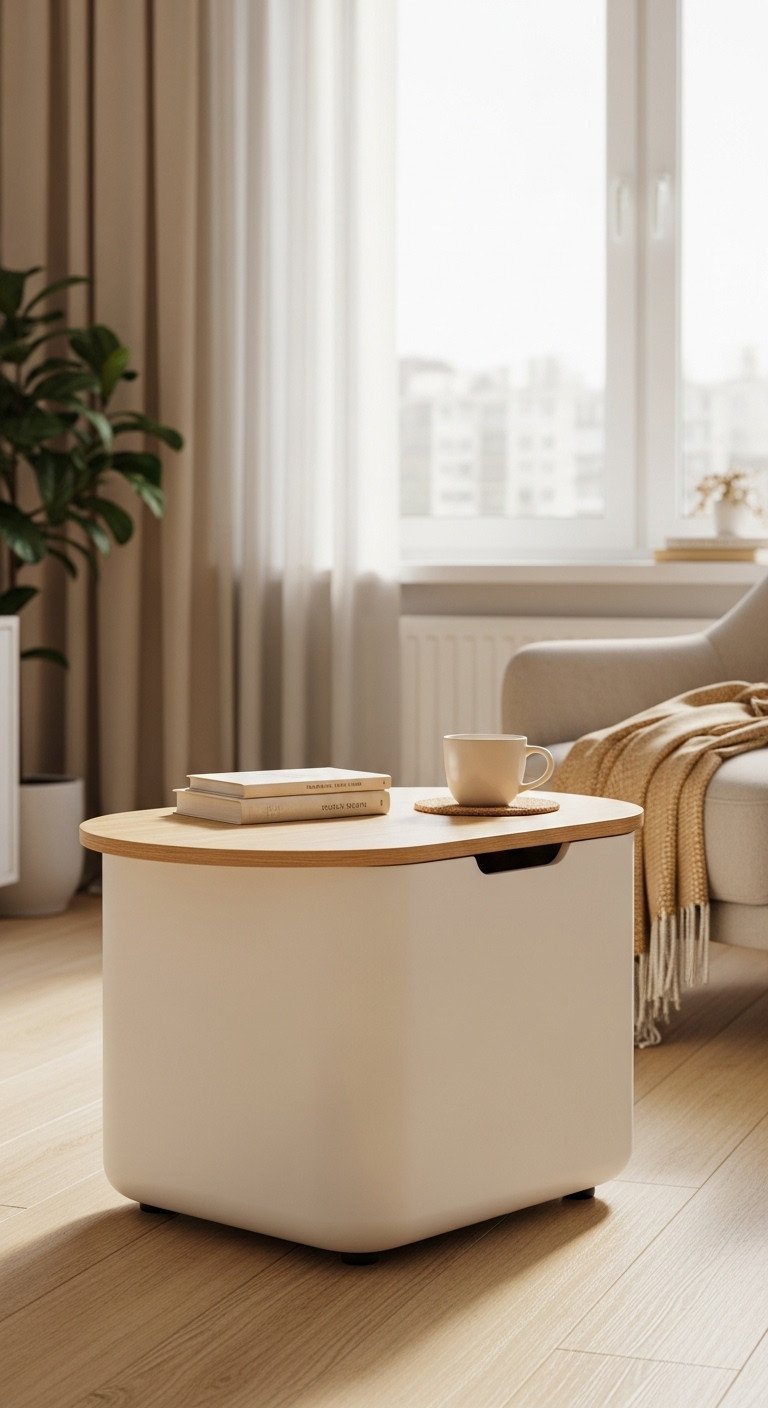 Compact smart coffee table for small living rooms, space-saving design. Cozy blanket and mug, perfect for apartment living.