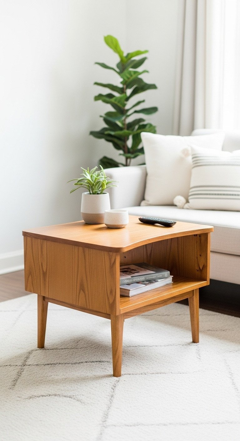 Find Stunning Mid-Century Modern Coffee Tables for Your Home 11 Compact square wooden MCM coffee table with open shelving, ideal for small apartment living rooms.