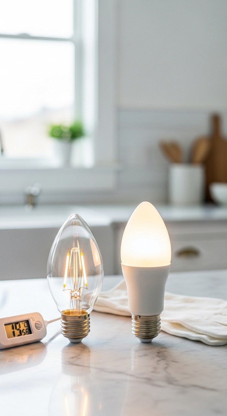 Teacup Chandelier DIY Secrets Wiring Safety And Porcelain Drilling 9 Comparison of modern LED and traditional incandescent candelabra bulbs on marble, highlighting cooler vs. warmer light tones.