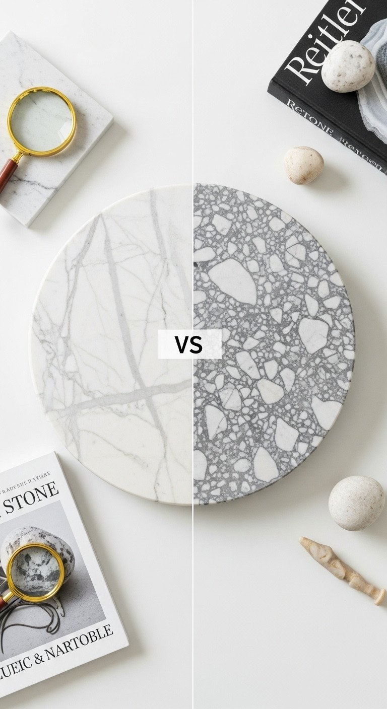 Comparison of real genuine marble vs. faux engineered marble coffee table tops, highlighting distinct veining and texture details.