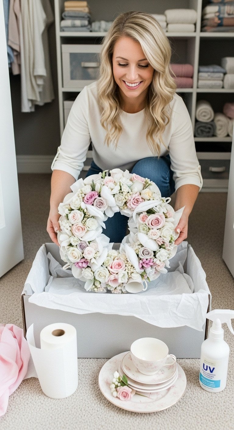 Teacup Wreath Tutorial for Permanent Vintage China Decor 17 Completed teacup wreath carefully placed in an acid-free storage box with tissue paper, emphasizing long-term care for DIY decor.
