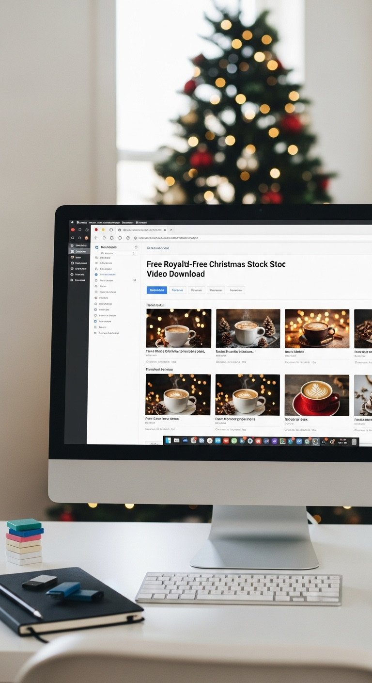 Computer screen: 'Royalty-free Christmas coffee stock video' search results with thumbnails, minimalist desk.