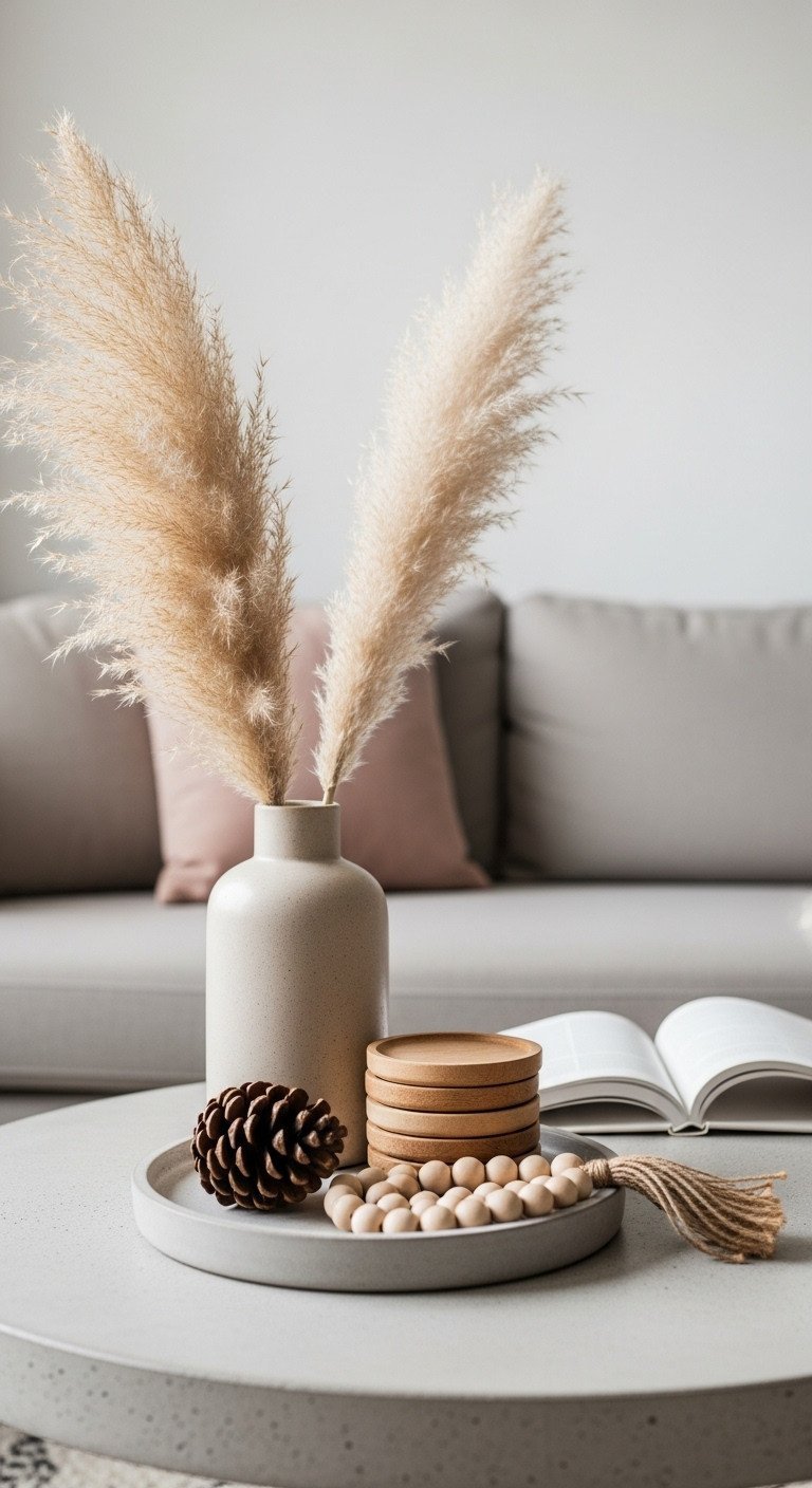 Concrete coffee table vignette: pampas grass, wood coasters, ceramic pinecones, stone beads. Refined, tranquil modern holiday decor.