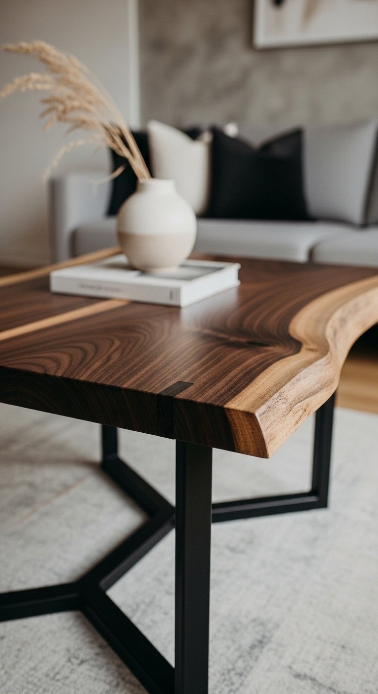 Contemporary Black Walnut live edge coffee table with dark wood grain and minimalist black metal legs in a stylish living room.