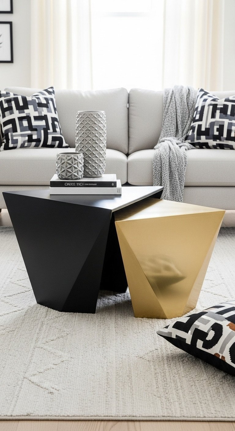 Contemporary living room with asymmetric geometric nesting coffee tables in black matte and chrome finishes, modern design.