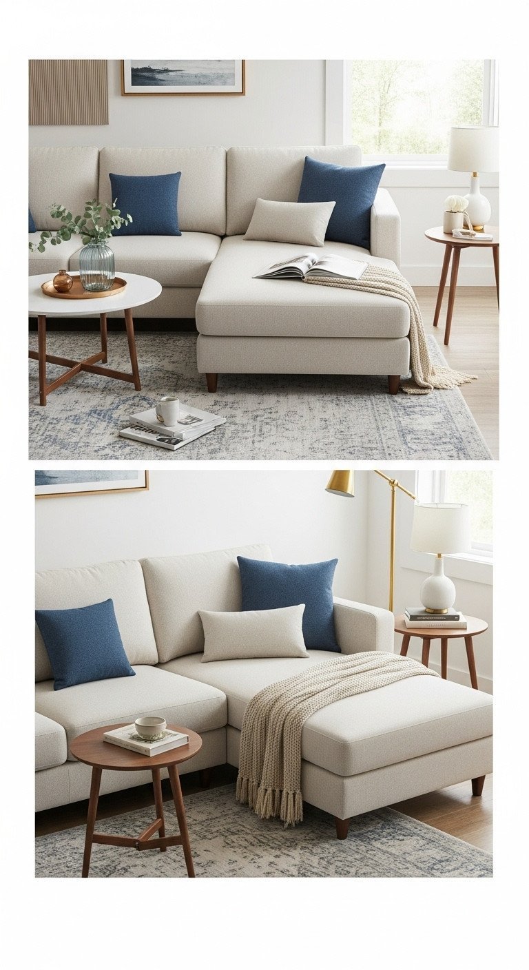 Contemporary living room with chaise sectional sofa, round coffee table, and side table. Optimal furniture placement ideas.