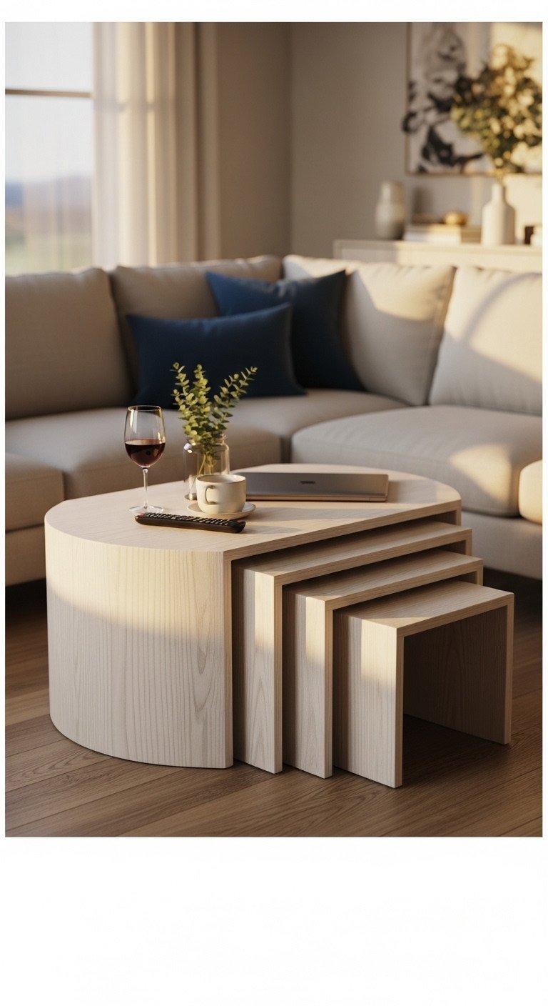 Contemporary living room with compact neutral sectional and versatile nesting coffee tables on a light wood floor. Functional decor.
