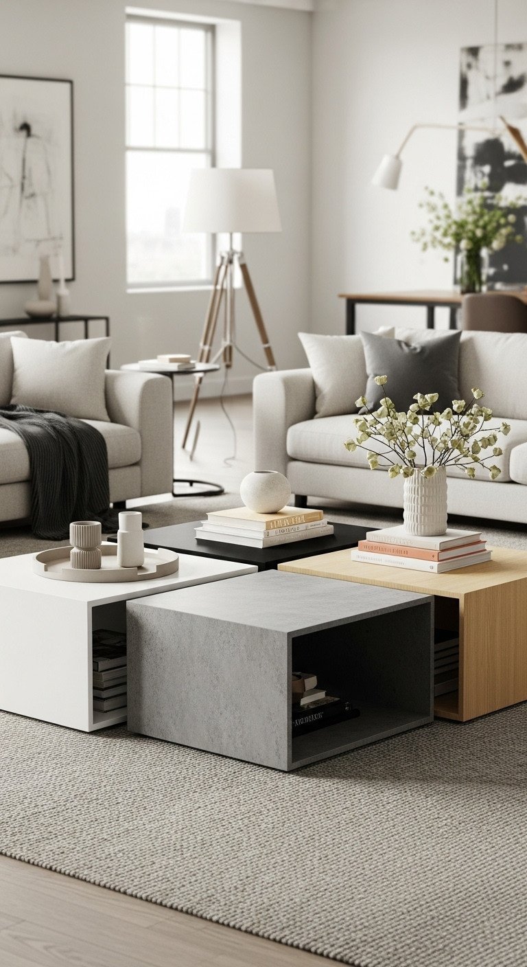 Contemporary modular coffee table, four blocks: white, gray stone, black, wood; configurable in a modern living room.