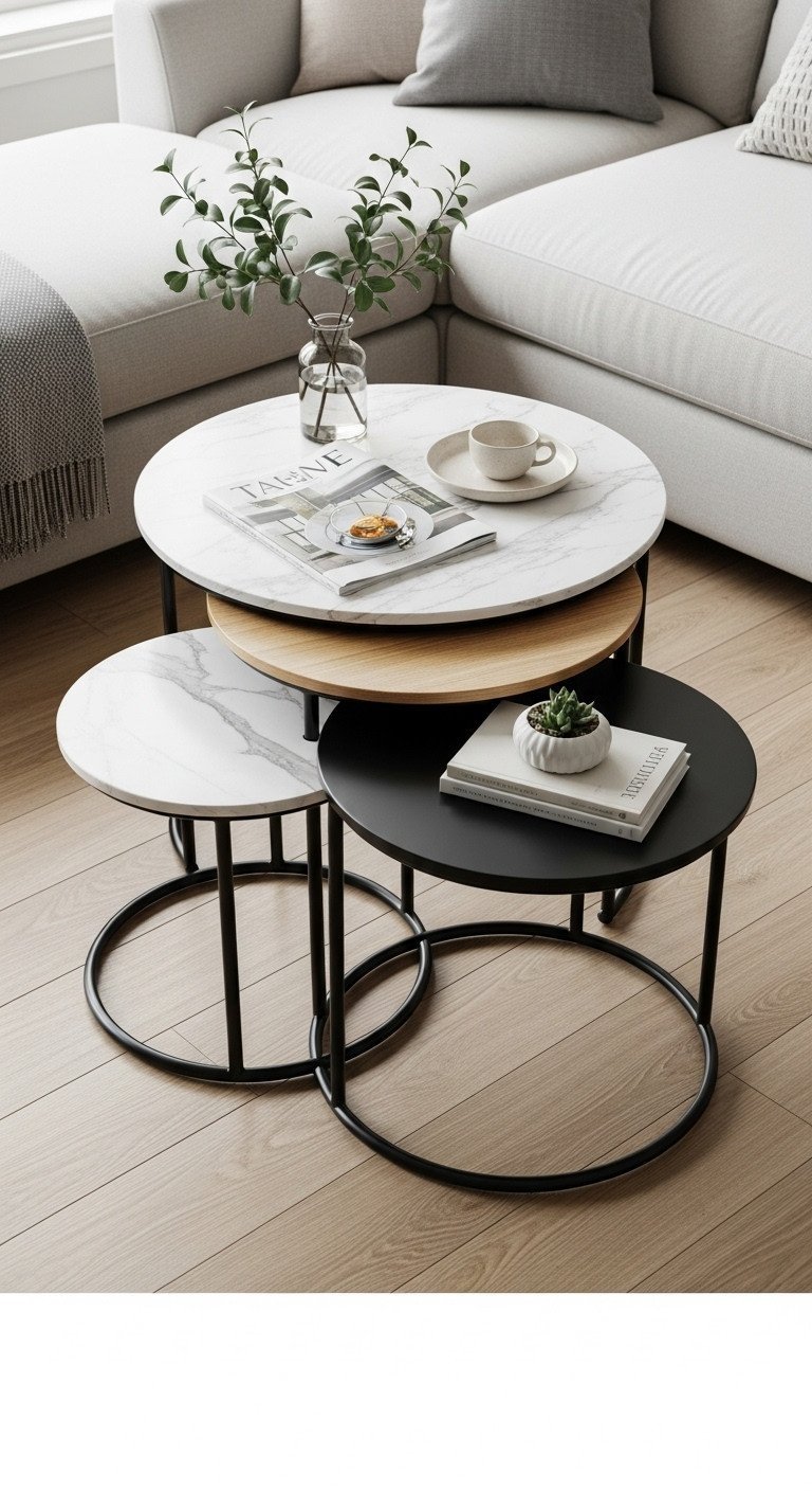 Contemporary nesting tables: marble, wood, black metal tops, extended in a small living room with sofa and plant, space-saving.