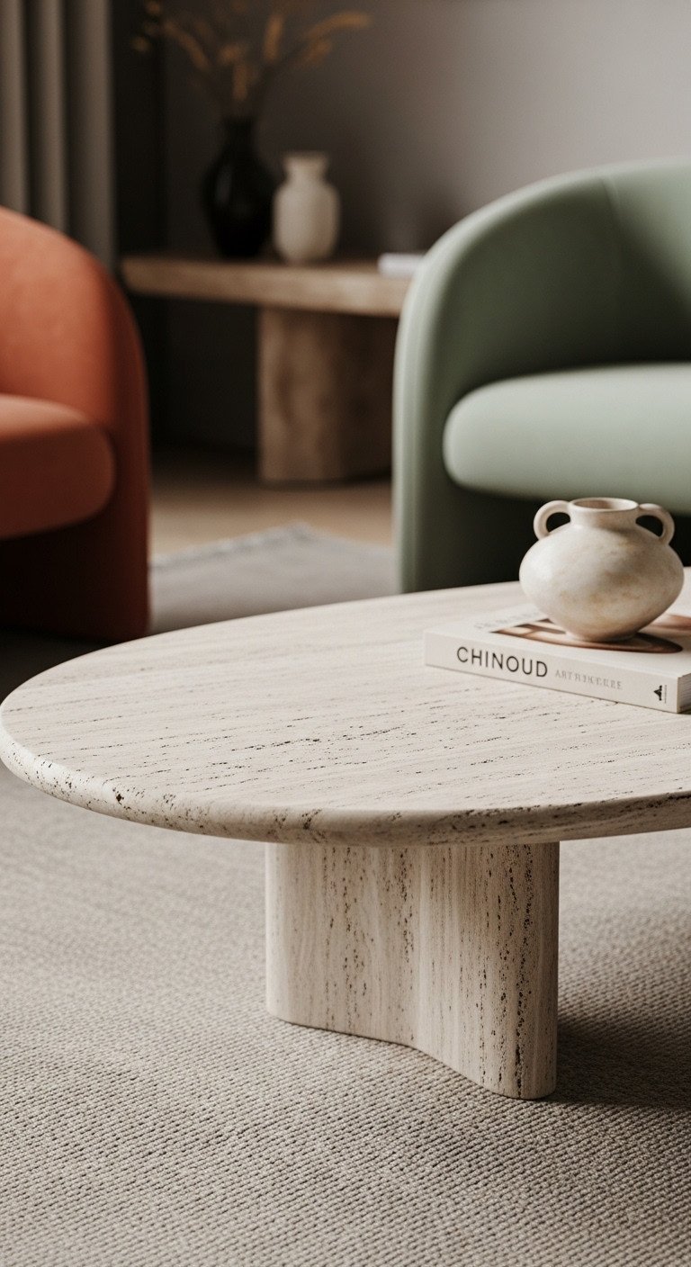 Smart Oval Coffee Table Ideas to Elevate Your Living Room 13 Contemporary oval coffee table with a light travertine top and chunky minimalist base in a high-end living room.