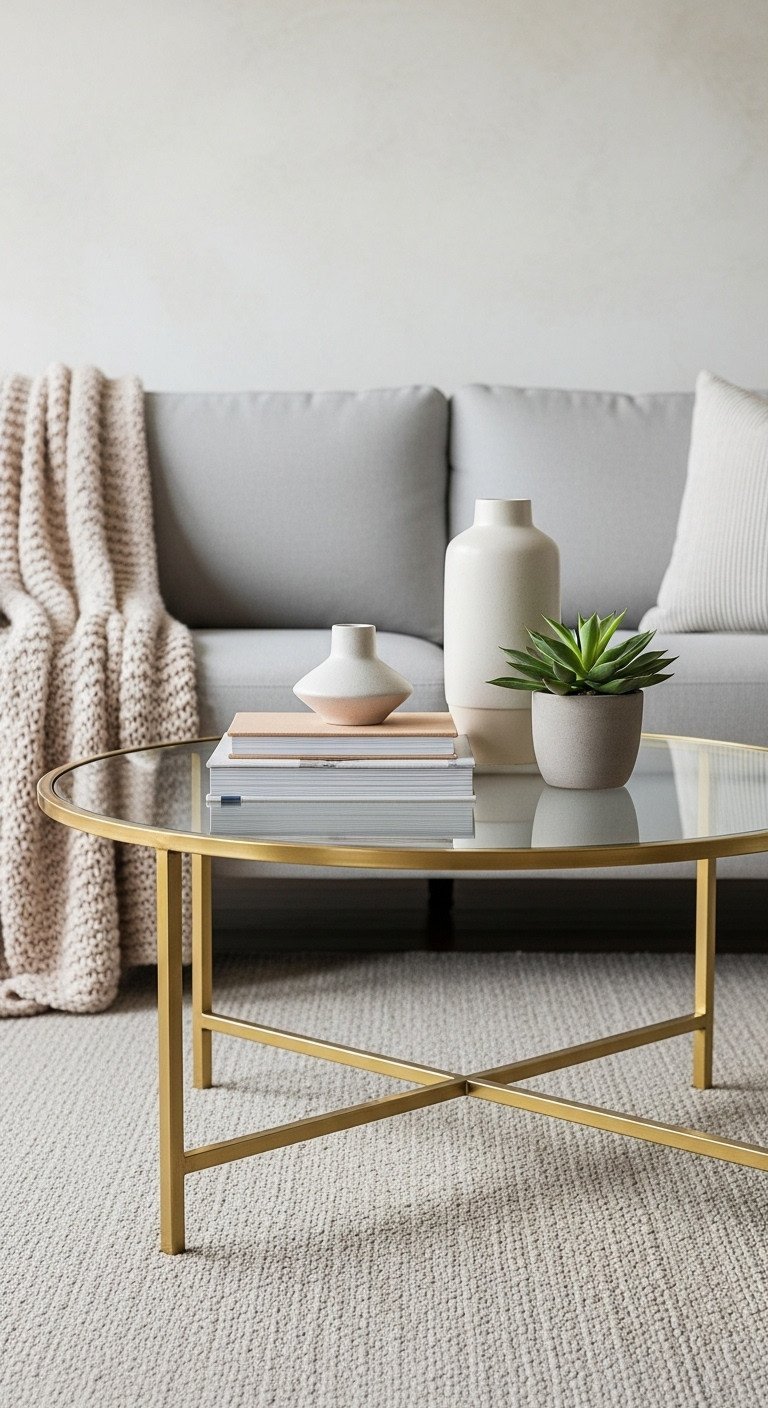 Contemporary round brass coffee table with clear glass top, styled with books and a vase on a neutral rug in a modern living room.