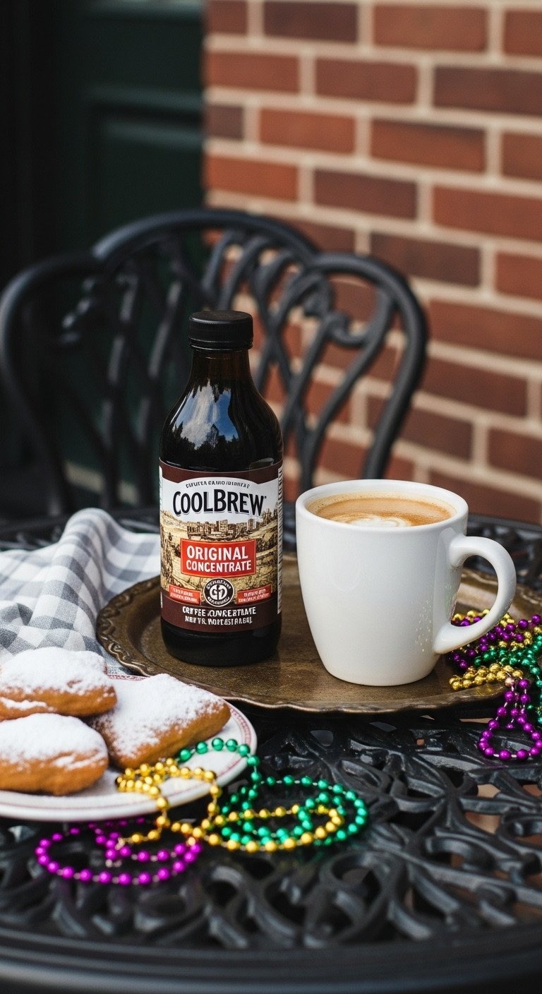 Cold Brew Concentrate The Foolproof Guide To Make Or Buy 13 CoolBrew Coffee Concentrate bottle and a cafe au lait on a wrought-iron table with a fresh beignet for a New Orleans vibe.