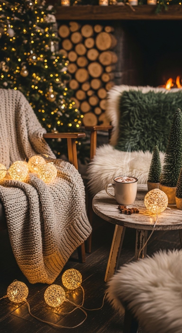 Cozy Alpine cabin Christmas coffee pop-up with steaming hot cocoa, chunky knit blankets on rustic chairs, and glowing string lights.