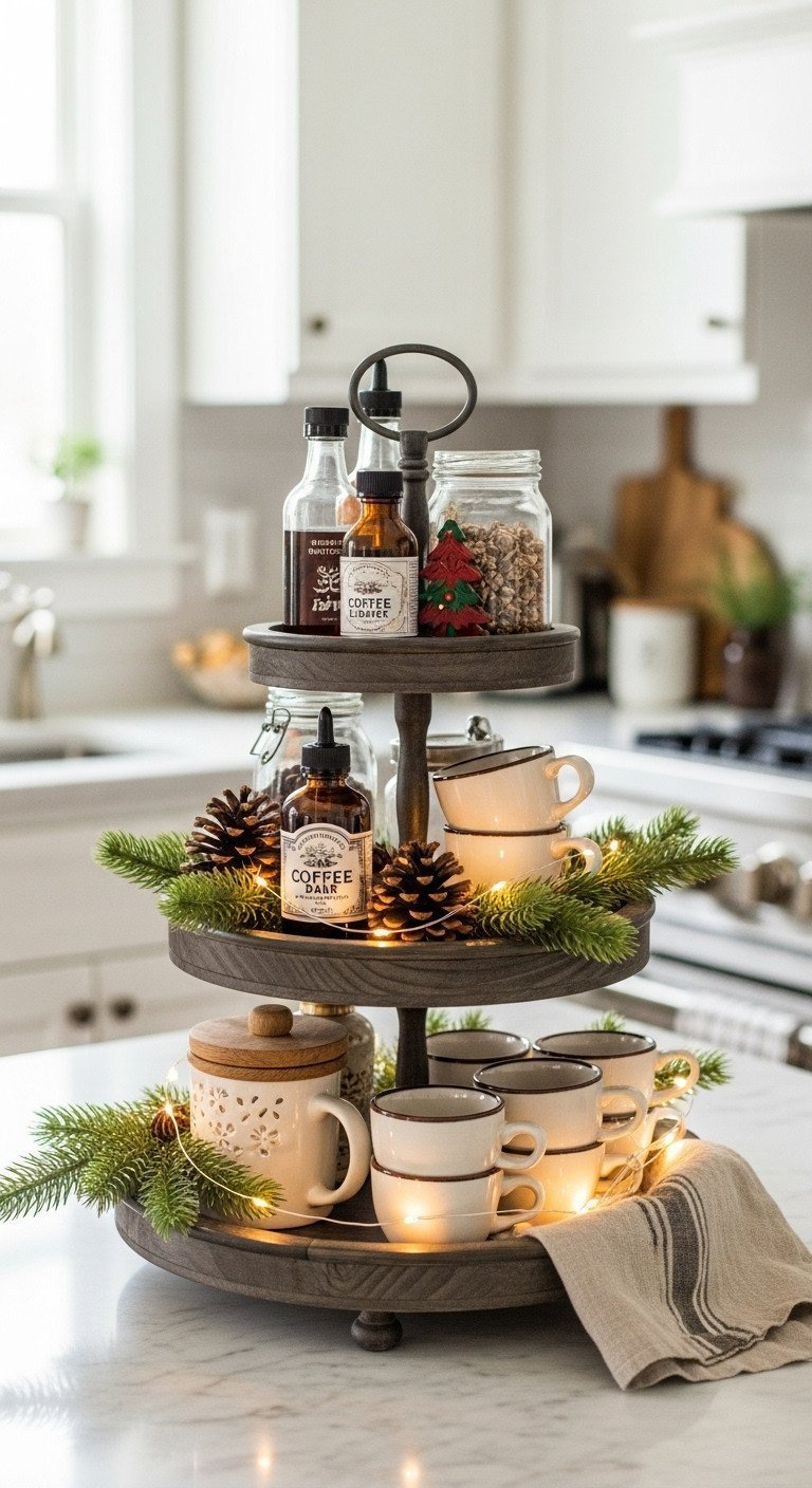 Cozy Christmas coffee bar on a three-tiered tray with seasonal syrups, pine cones, tiny mugs, fairy lights on a marble kitchen counter.