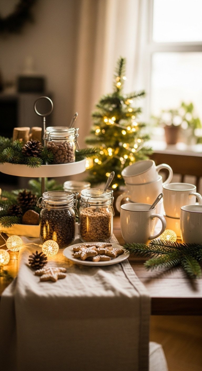 Cozy Christmas coffee bar with tiered trays, festive mugs, seasonal beans, and gingerbread cookies on a rustic wooden table.