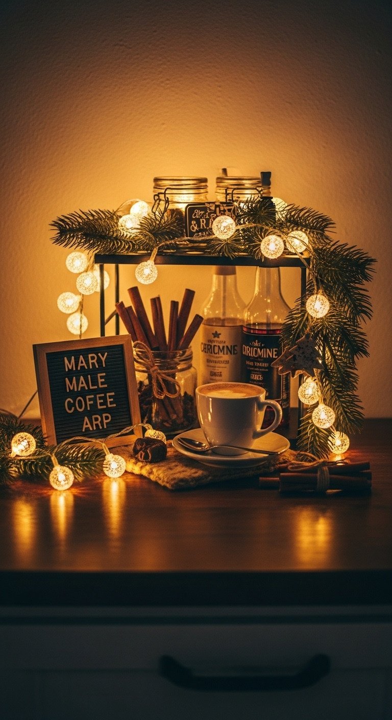 Cozy Christmas coffee bar with warm fairy lights highlighting seasonal syrups, decorative sign, cinnamon sticks on dark counter.