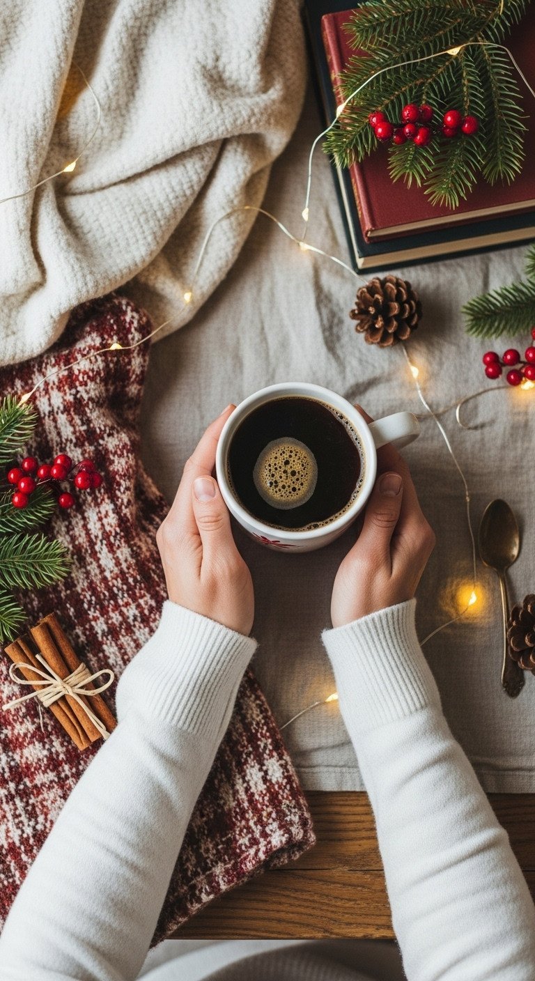 Cozy Christmas coffee flat lay: steaming vintage mug, textured blankets, pine sprigs, and twinkling fairy lights on rustic wood.