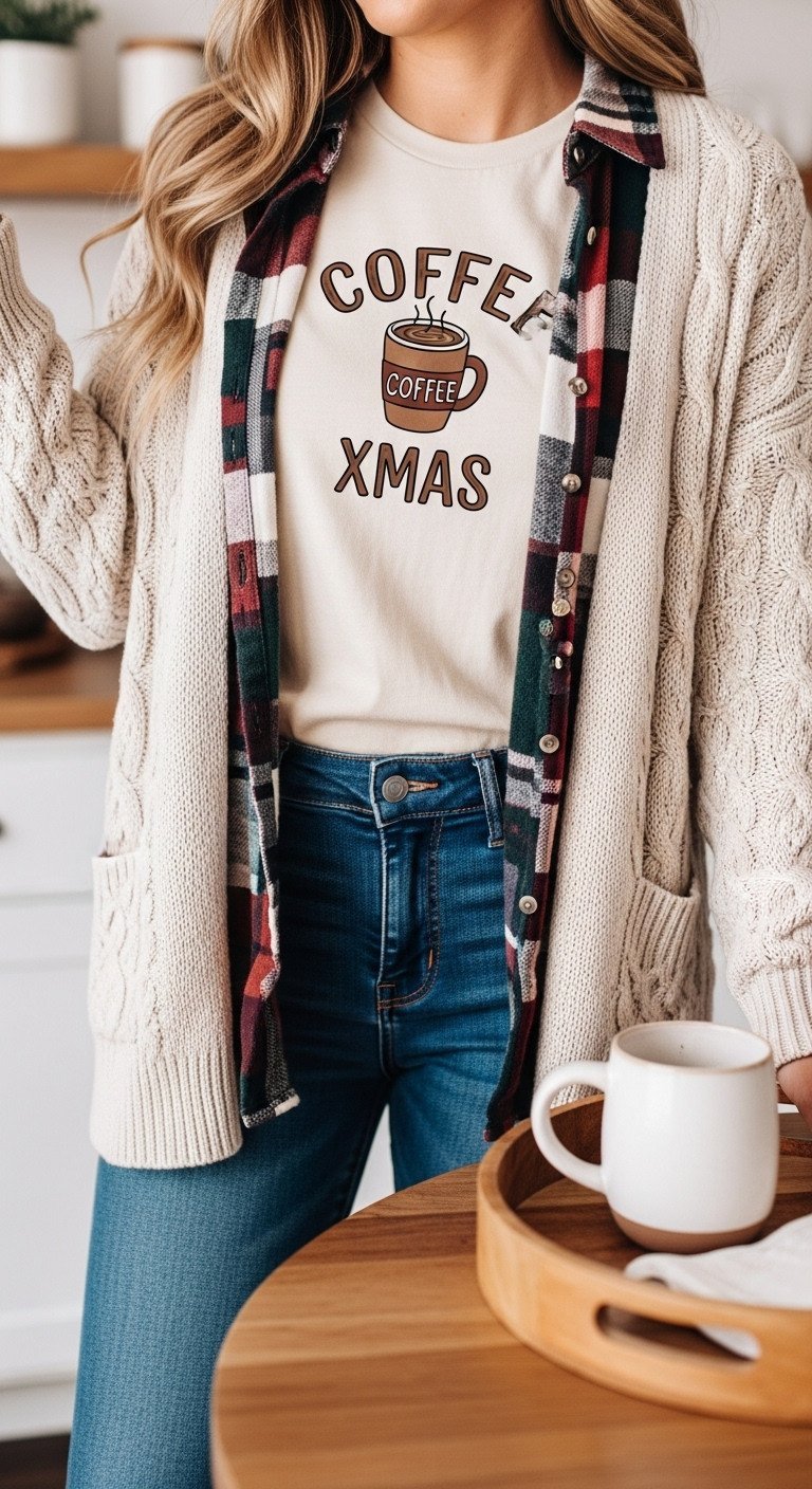 Cozy Christmas coffee layered outfit with cream cable-knit cardigan, coffee tee, festive flannel, dark denim. Warm winter fashion style.