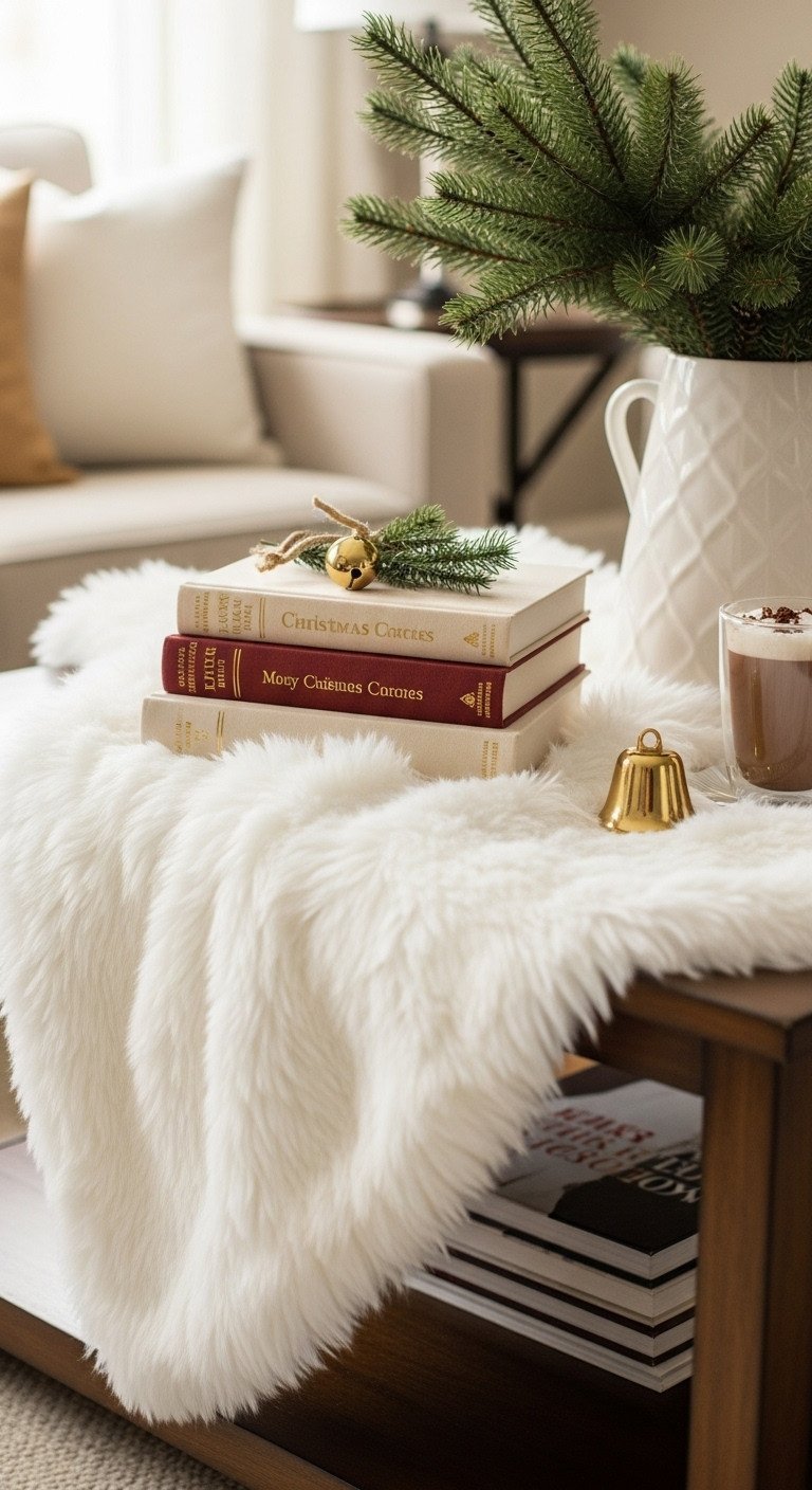 11 Glam Christmas Coffee Table Decor Ideas For Stunning Style 10 Cozy Christmas coffee table decor: white faux fur throw, velvet-bound books, gold bell, hot cocoa. Warm holiday reading nook.
