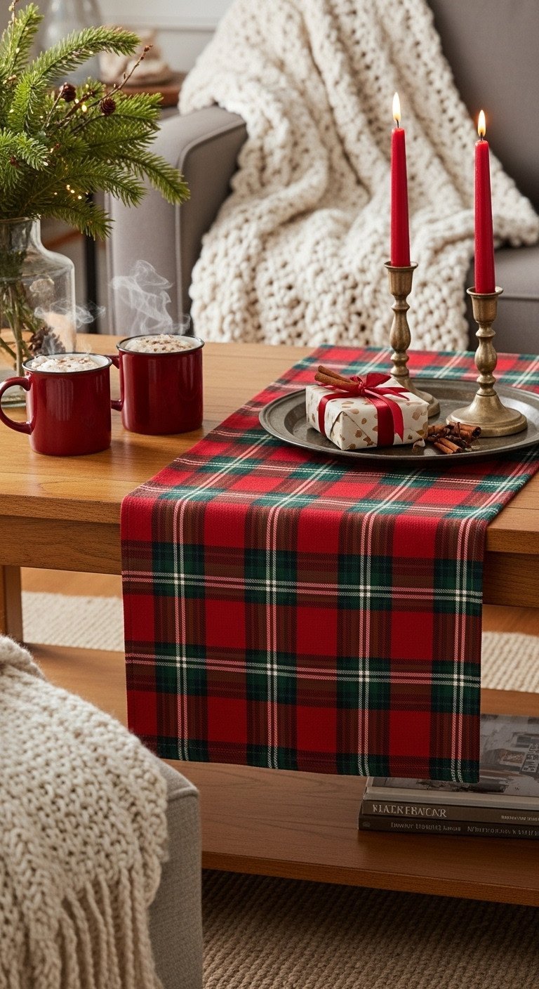 Style Your Coffee Table With 9 Vintage Christmas Decor Hacks 17 Cozy Christmas living room with red and green plaid table runner, vintage metal tray, knit blanket, and mugs of hot cocoa.