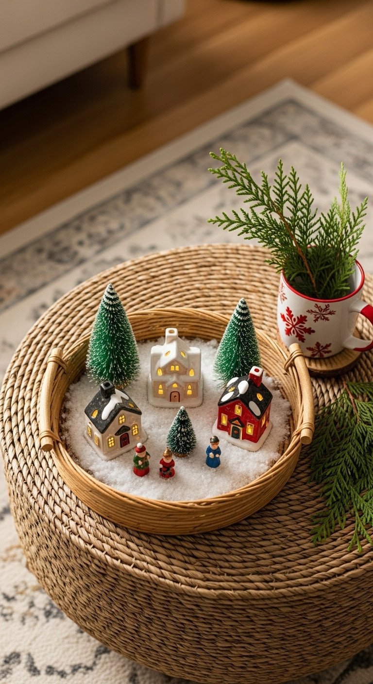 Cozy Christmas micro village display in a woven basket tray with light-up houses, faux snow, and bottle-brush trees.