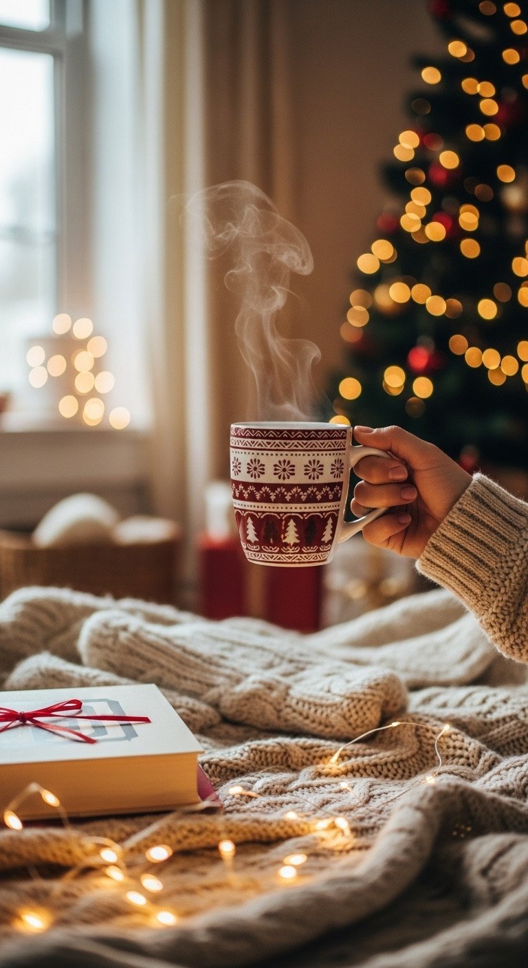 Cozy Christmas morning with a hand holding a steaming festive coffee mug, blurred holiday lights, and a glowing fireplace.