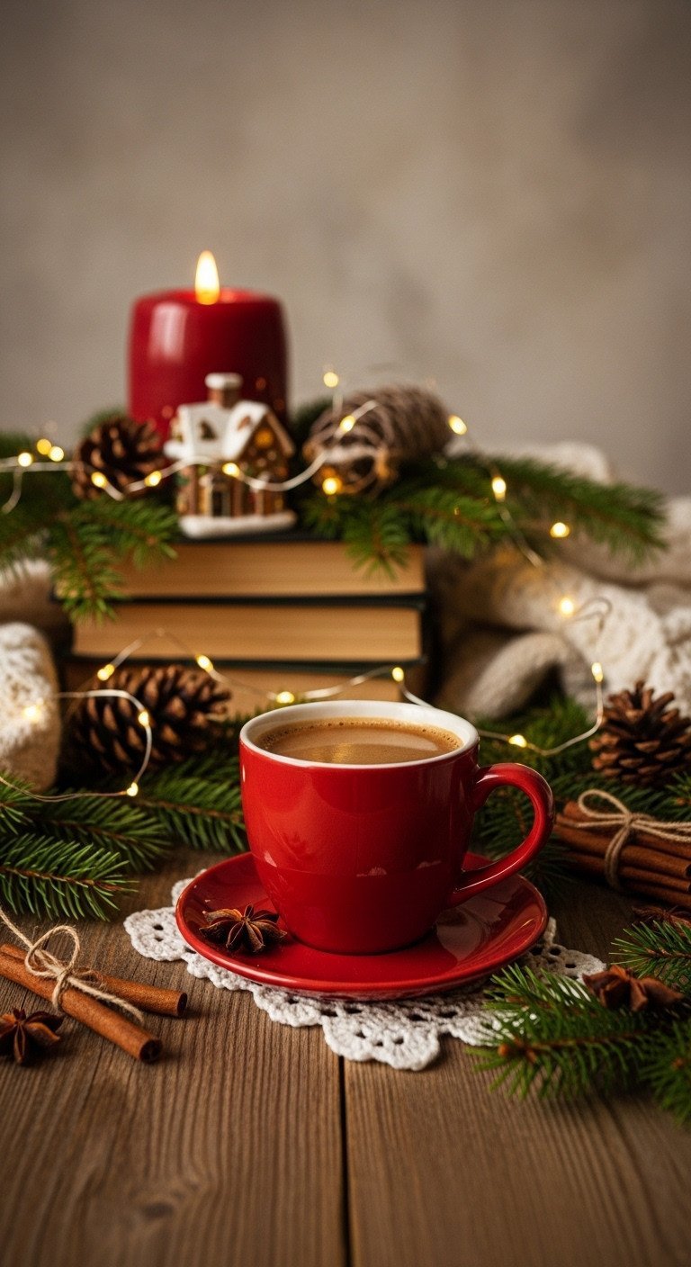 7 Easy Christmas Coffee Party Ideas for a Stress-Free Holiday 5 Cozy Christmas vignette with fairy lights on pine, holiday books, small ceramic object, knit blanket on rustic wood table. Warm festive decor.