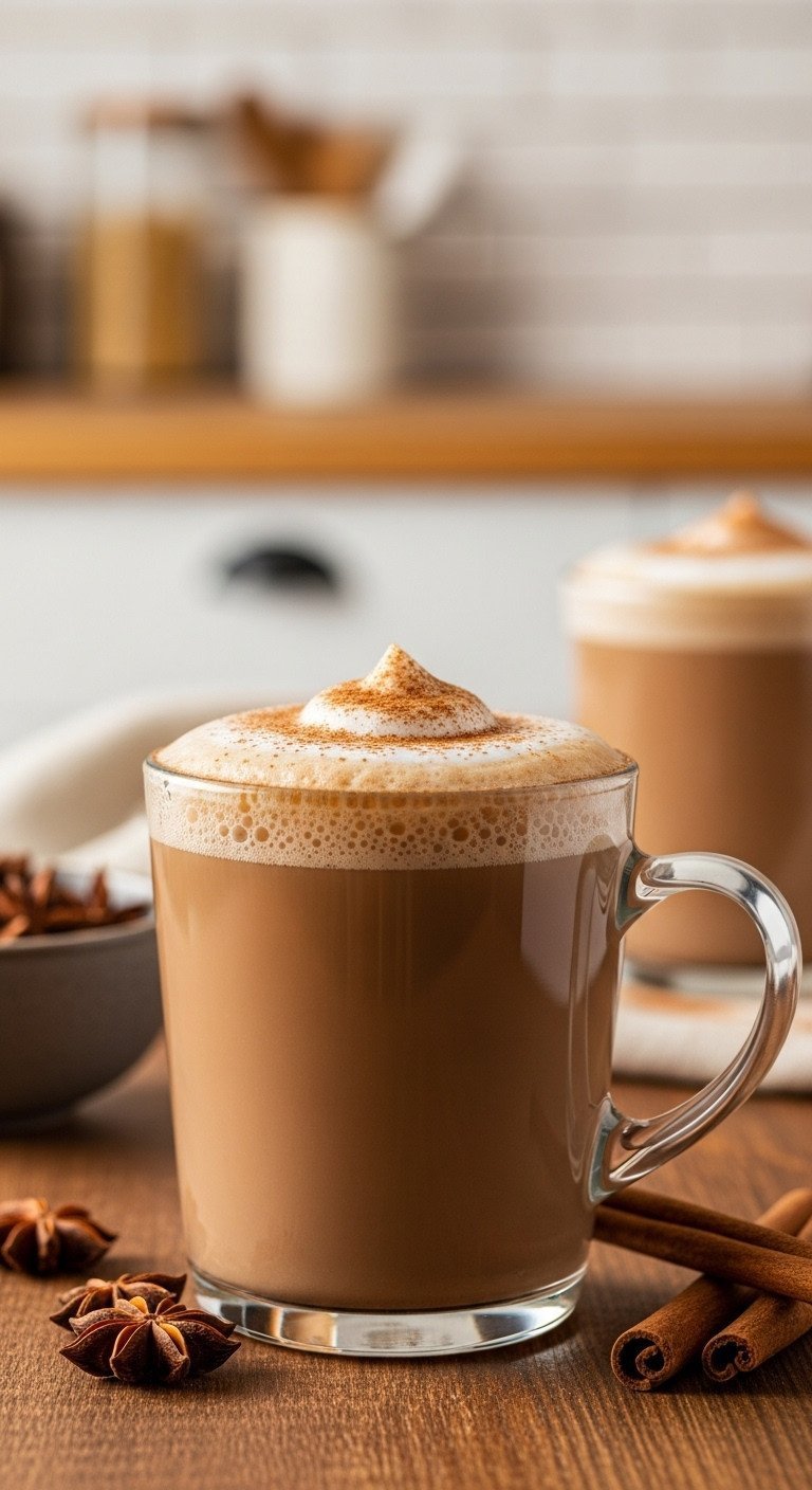 Tea Latte Recipes Ultimate Guide To Perfect Ratios And Foam 1 Cozy Classic Masala Chai Latte with creamy microfoam and cinnamon, star anise, cinnamon sticks on rustic wood table, golden light.