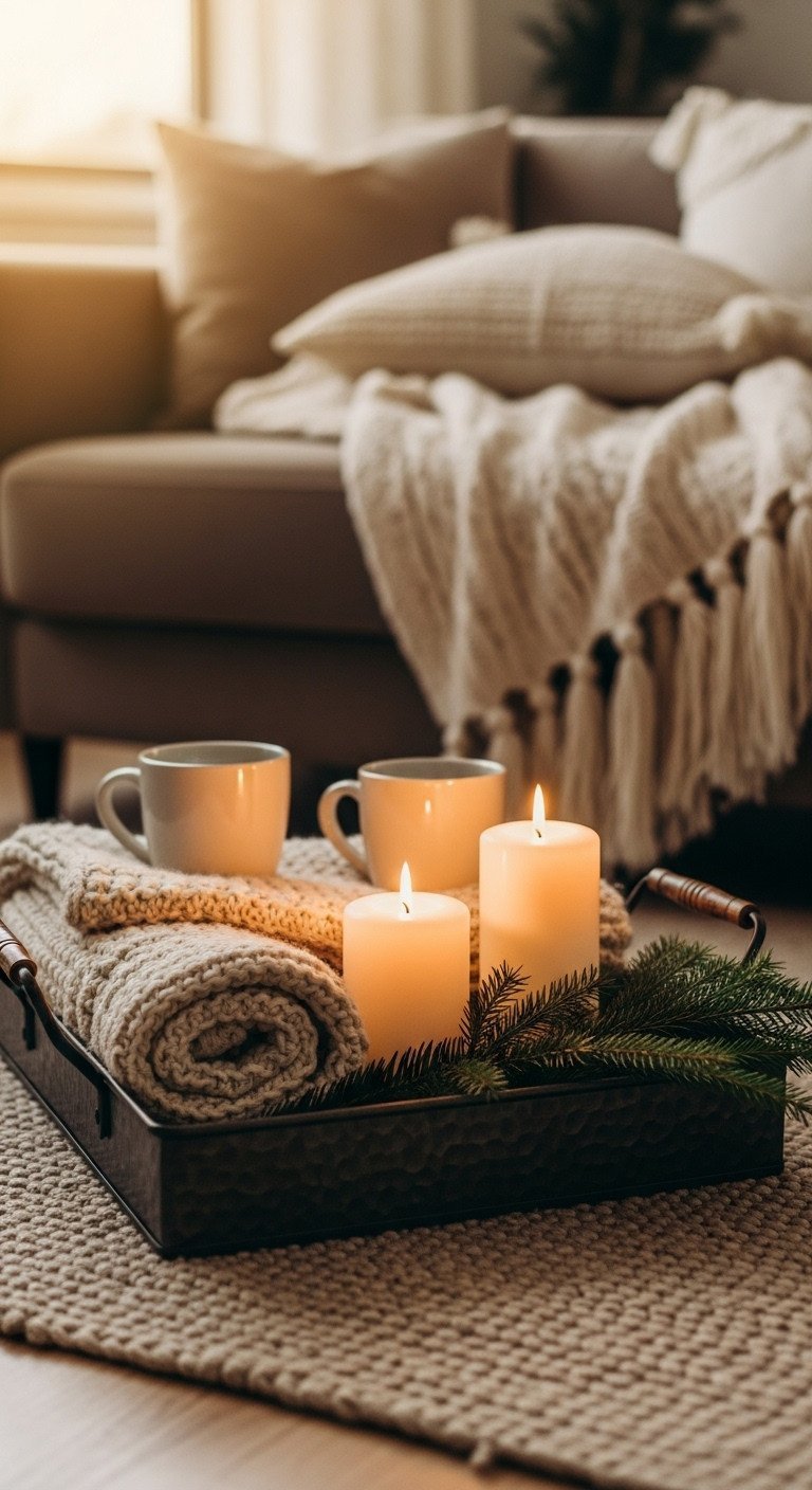 Cozy Hygge Christmas decor: dark metal tray with knitted throws, pillar candles, evergreen sprig, warm golden light, inviting ambiance.