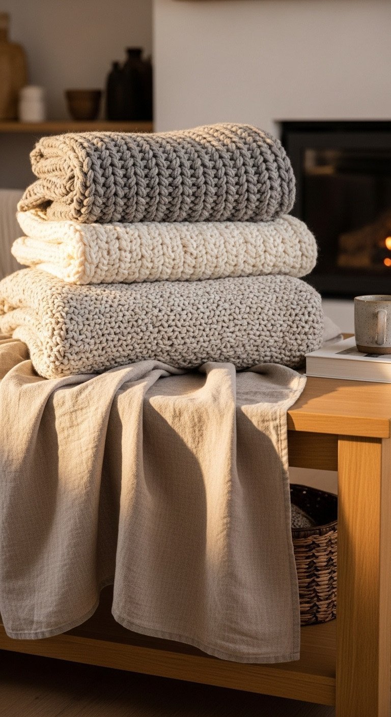 Cozy Nordic Christmas decor: linen runner on light oak table with chunky cream/grey knit blankets, mug, book, fireplace.