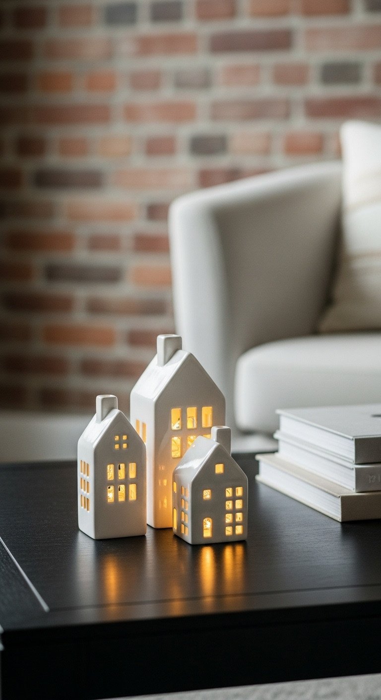 Cozy Nordic Christmas decor: matte white ceramic houses with warm string lights on a dark walnut coffee table, blurred brick background.