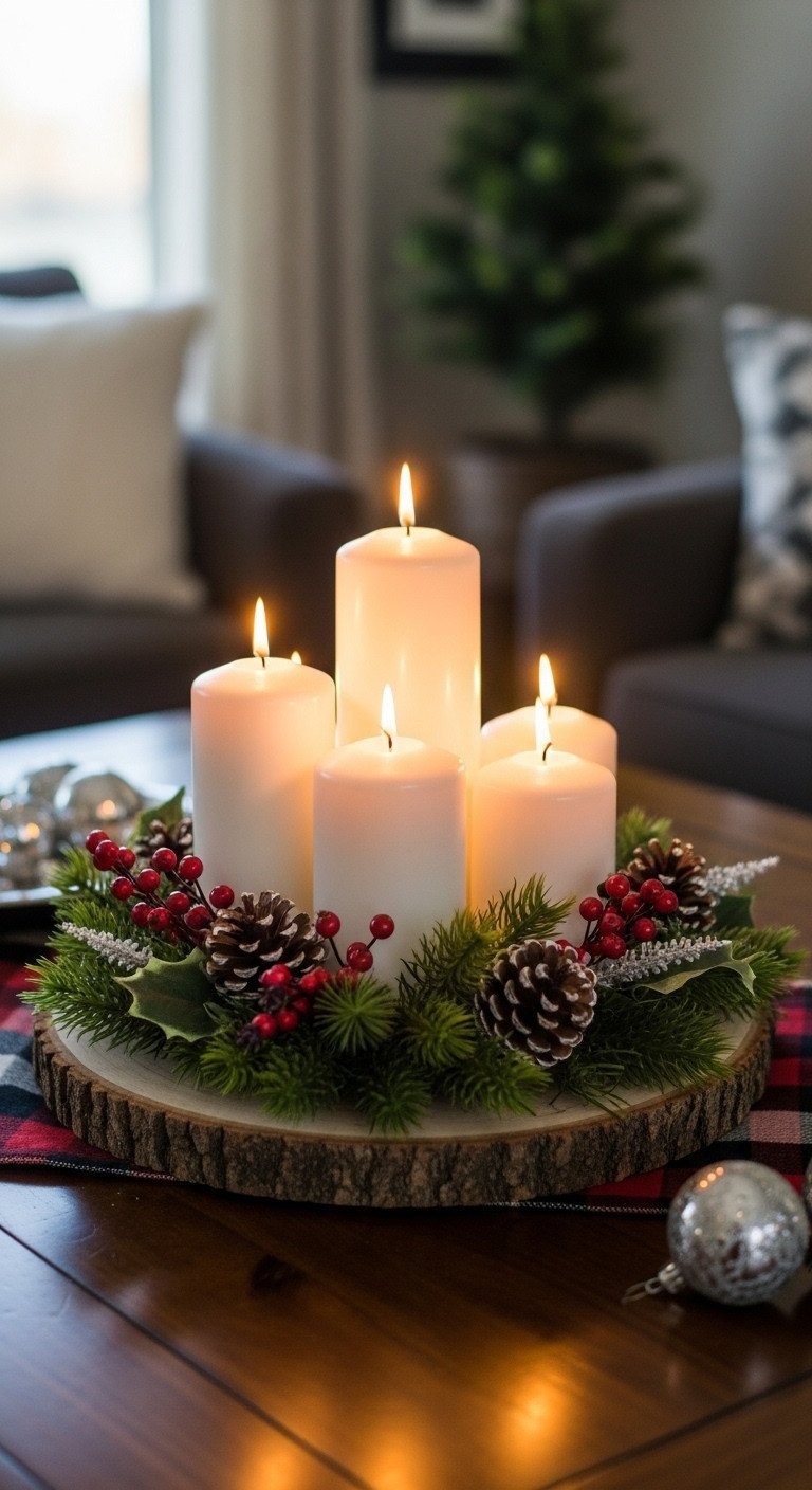 Cozy candle centerpiece: white pillar candles on wood slice, green garland, red berries, pine cones, subtle buffalo plaid.