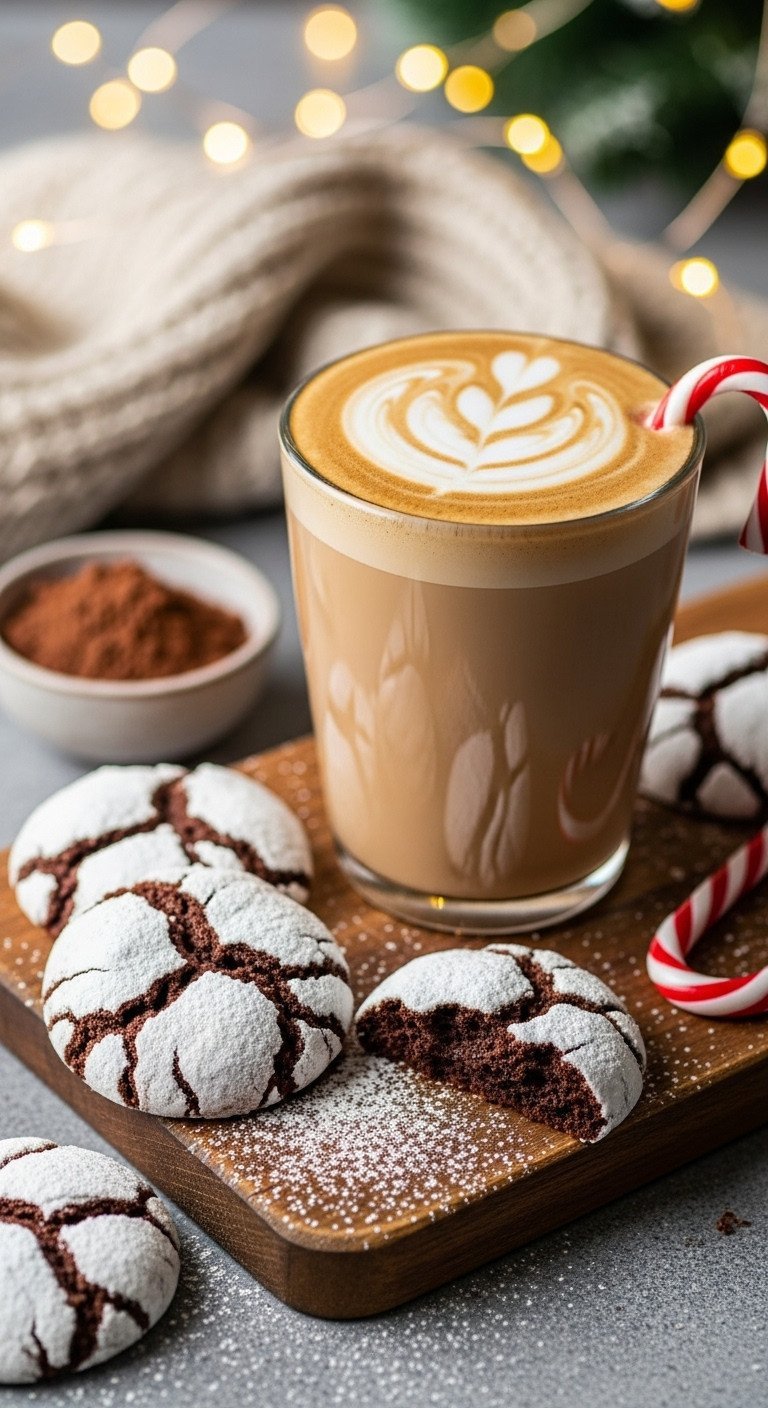 Cozy chocolate crinkle cookies with powdered sugar, beside a creamy Christmas mocha with foam art on a rustic wood board.