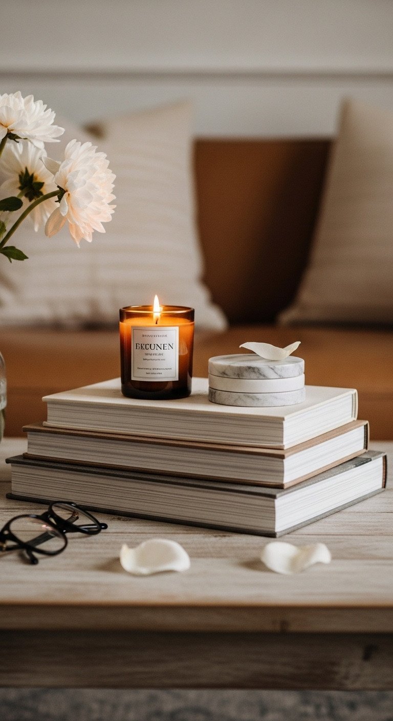 Cozy coffee table decor: stack of oversized books, elegant scented candle, marble coasters on a distressed wood table.