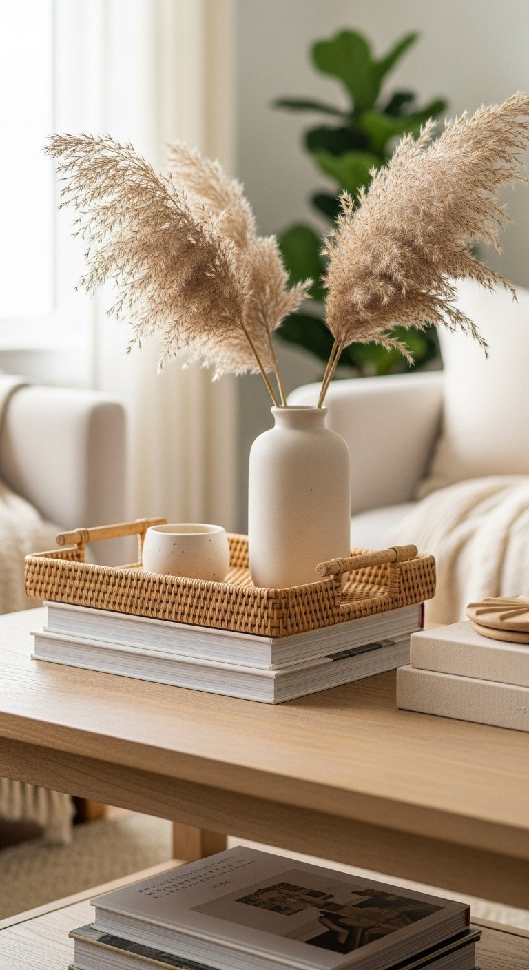 Cozy coffee table styling: natural woven rattan tray, stack of three books, minimalist vase with pampas grass on light wood.