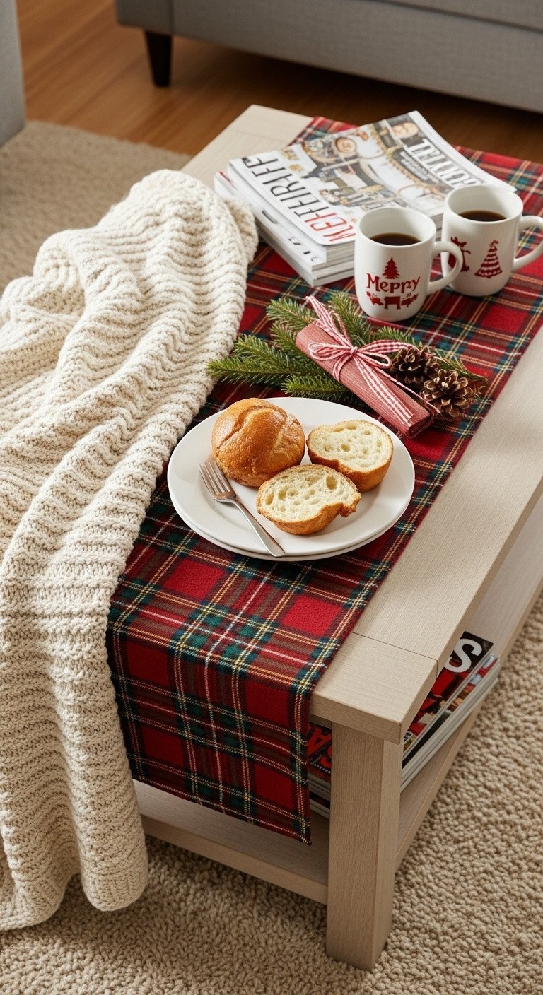 Cozy cream knit throw and tartan plaid runner on a wood coffee table, with warm holiday mugs and Christmas magazines.