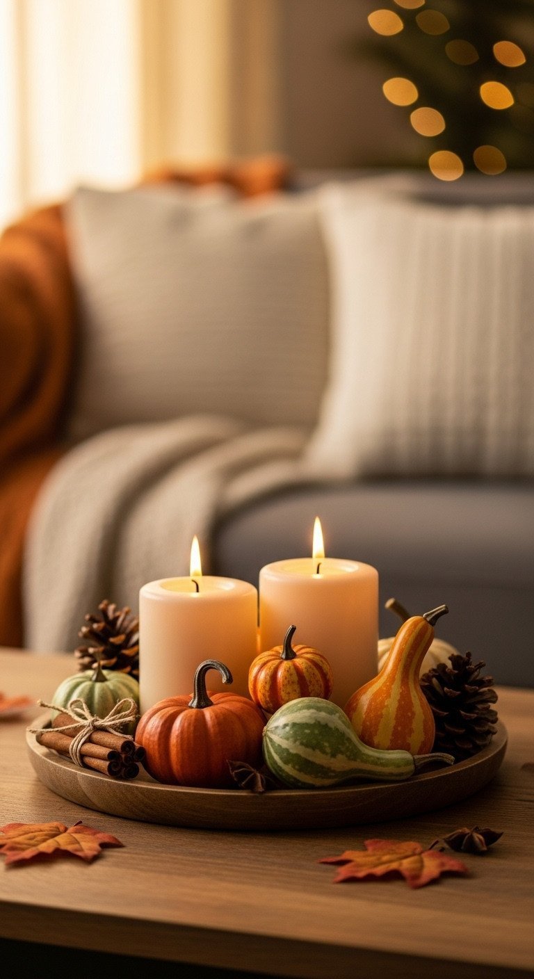 Cozy fall coffee table decor: pumpkins, gourds, and pillar candles on a rustic wooden tray with scattered autumn leaves.