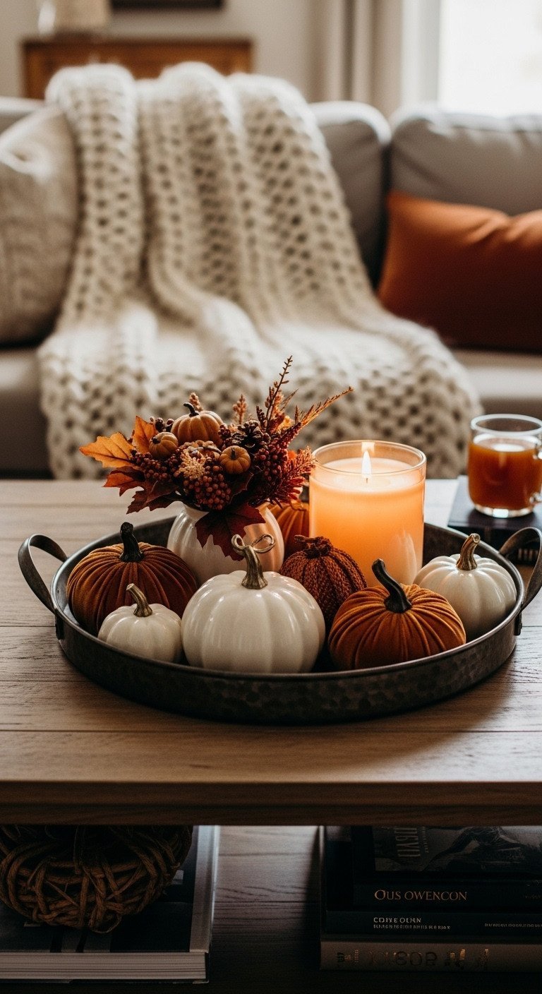 Cozy fall coffee table decor: rustic wood table, metallic tray with white, orange pumpkins, fall foliage, and crackling wood-wick candle.