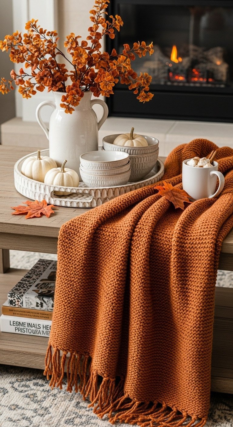 Cozy fall coffee table decor: tray with white pumpkins, ceramic bowls, knit throw on rustic wood. Hygge.