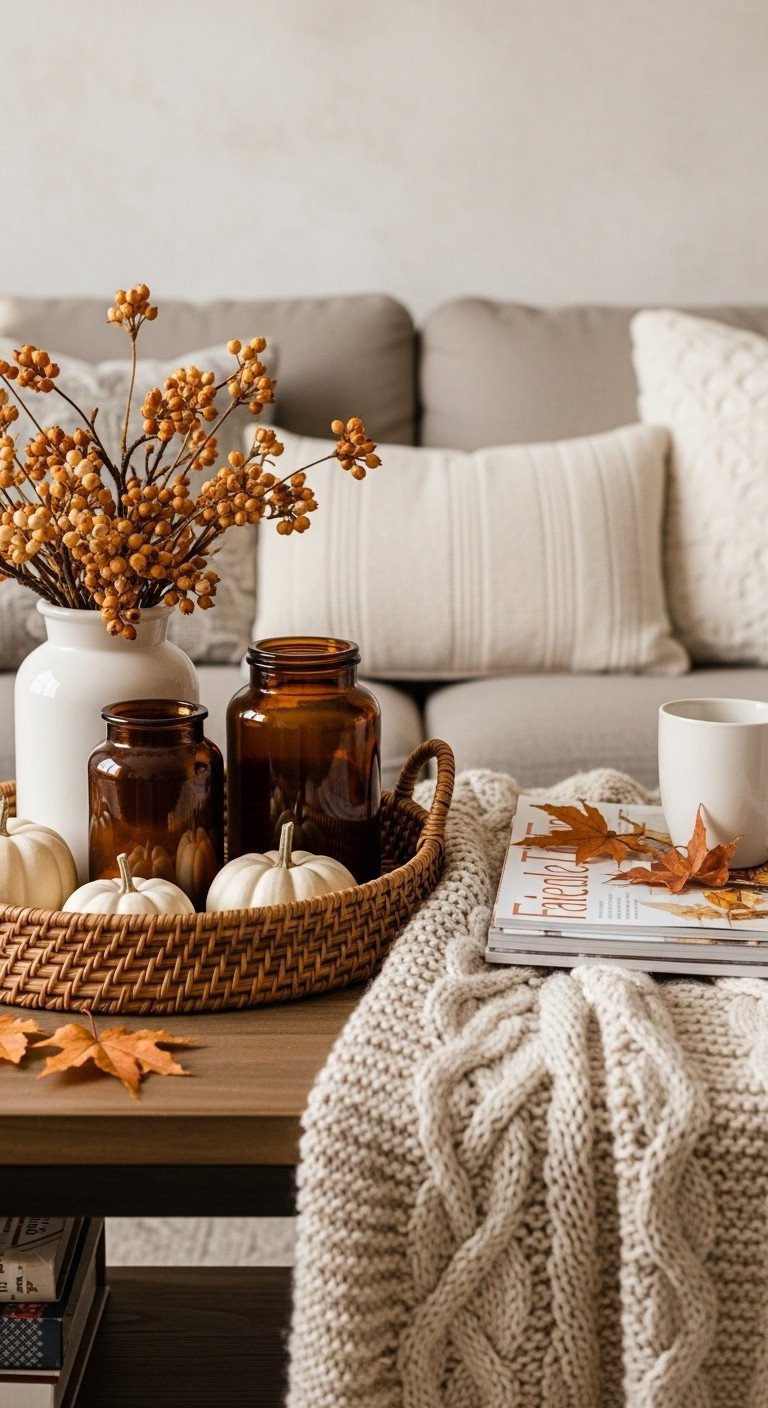 Transform Your Home With 7 Easy Coffee Table Vignettes 4 Cozy fall coffee table decor: wicker tray with white pumpkins, amber jars, fall magazines, knit blanket on rustic wood.