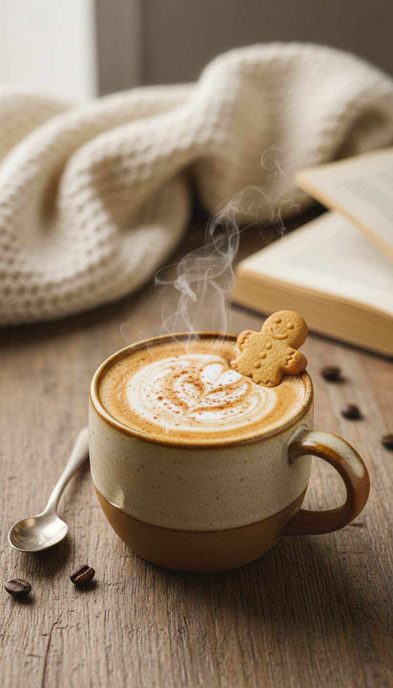 Best Homemade Gingerbread Coffee Syrup: Starbucks Copycat 9 Cozy gingerbread latte in a mug with frothy milk, cinnamon dusting, on a rustic wooden table with a knit blanket and book.