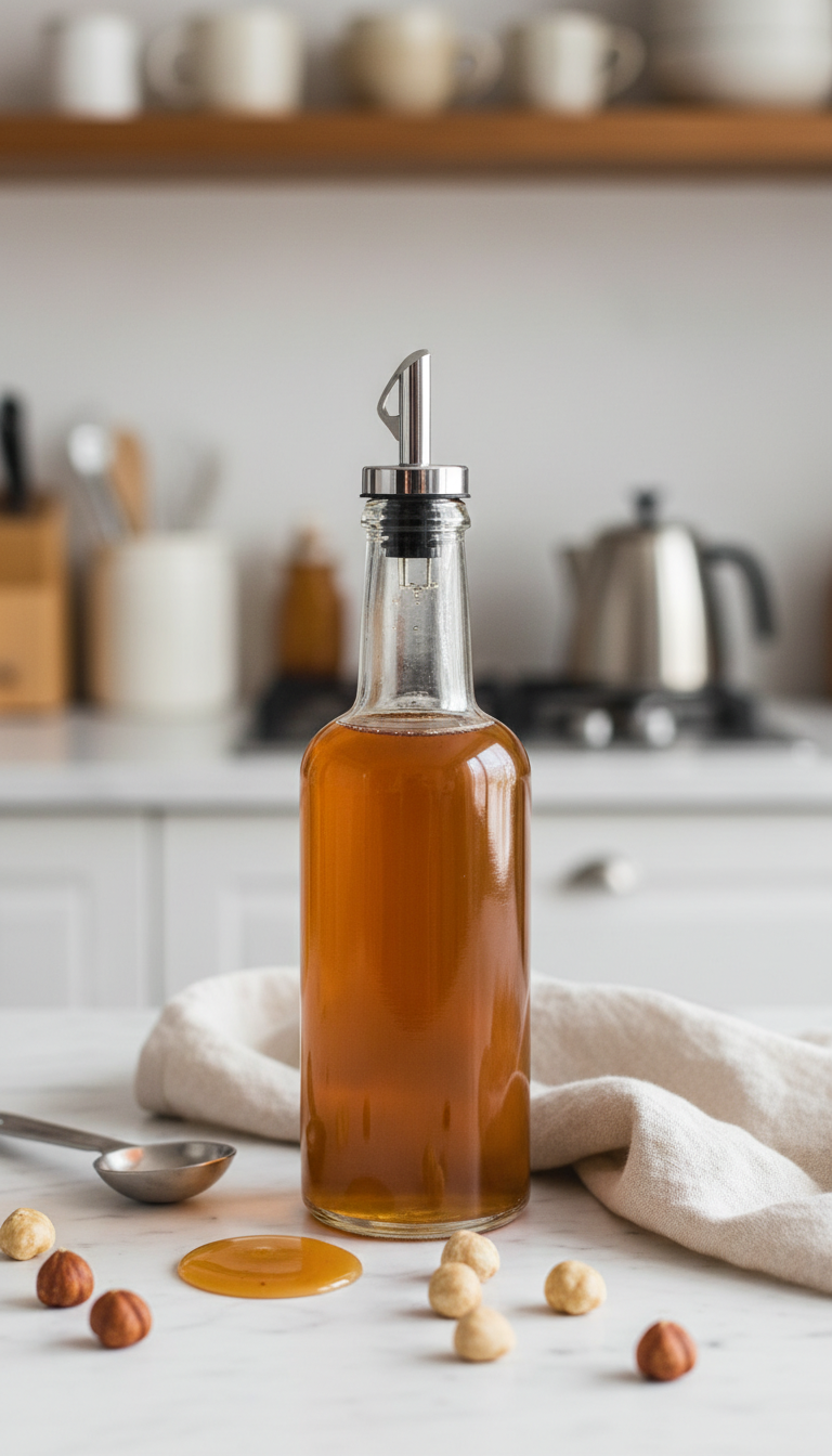 Cozy homemade hazelnut coffee syrup in an elegant bottle with roasted nuts, drizzled on white marble, kitchen background.