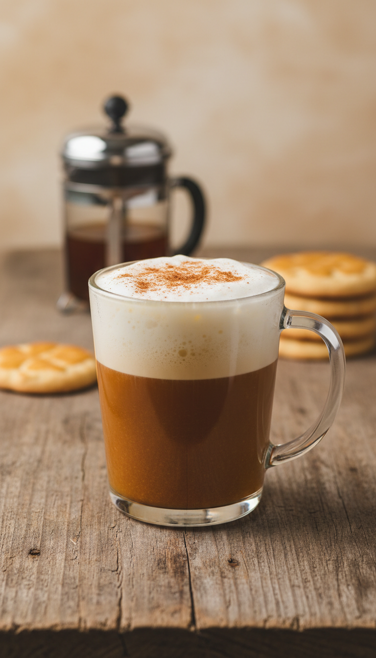 Cozy homemade pumpkin spice latte in clear glass mug with frothed milk, cinnamon. Rich coffee & syrup. Rustic table.