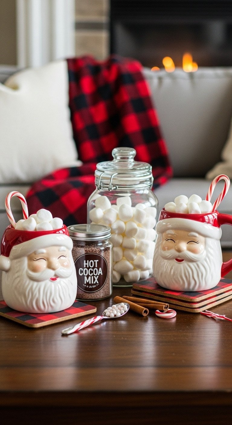 Cozy hot cocoa bar: Santa mugs, marshmallows, cocoa mix, buffalo check placemats, plaid blanket on dark wood coffee table.
