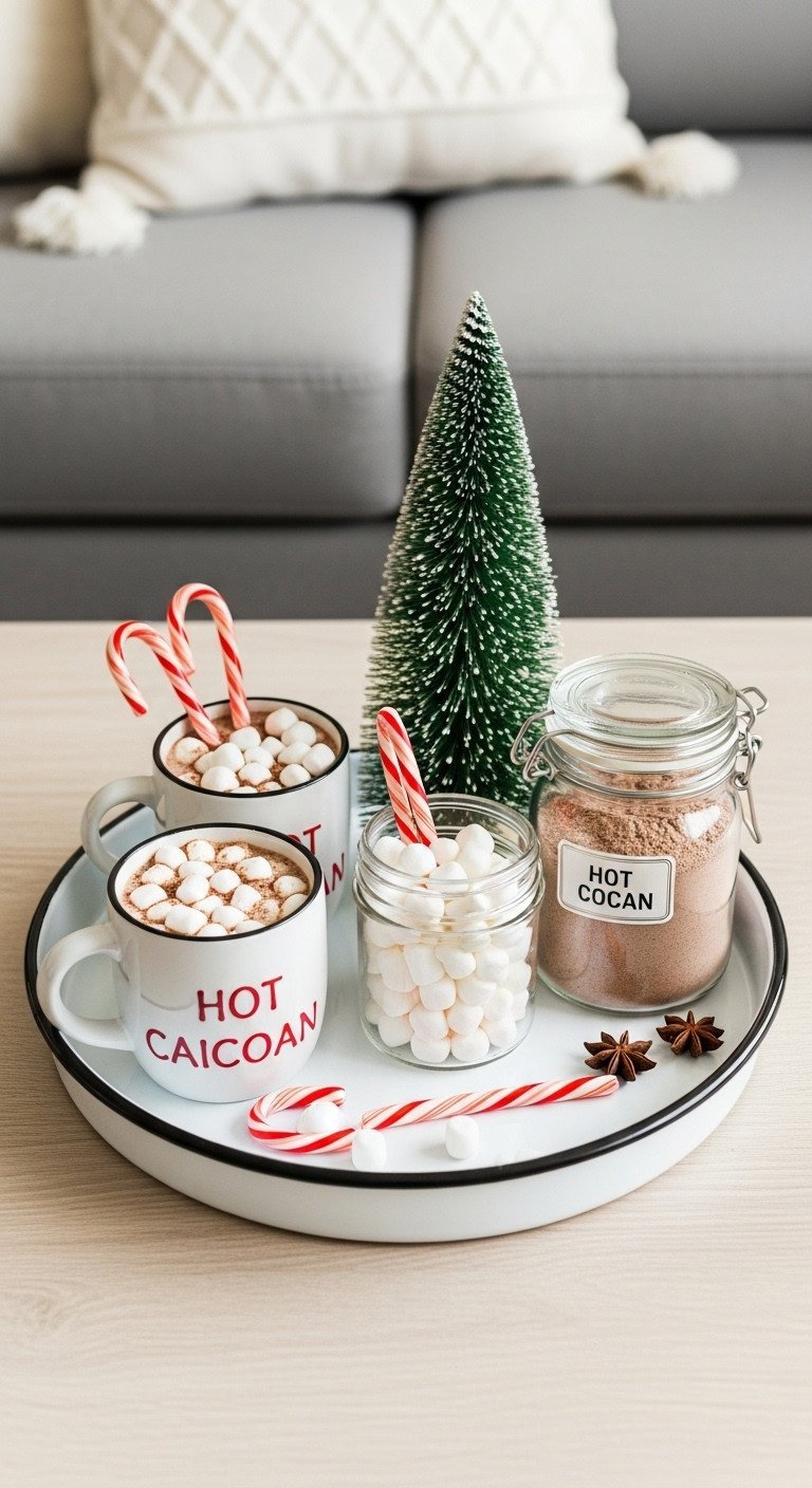 Cozy hot cocoa station on a white enamel tray with festive mugs, marshmallows, mix, candy canes. Christmas beverage bar.