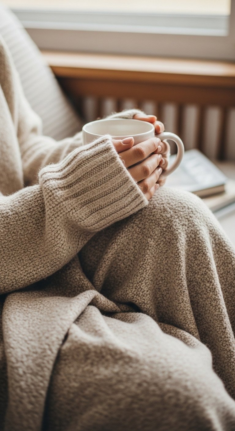 Cozy hygge scene: hands in oversized wool sweater holding coffee mug, draped in knitted blanket, soft morning light.